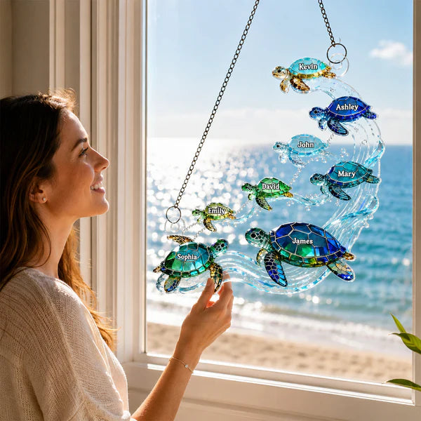 Swimming Sea Turtle Family Acrylic Suncatcher Ornament, Personalized Unique Creative Gift for Family Window Decor