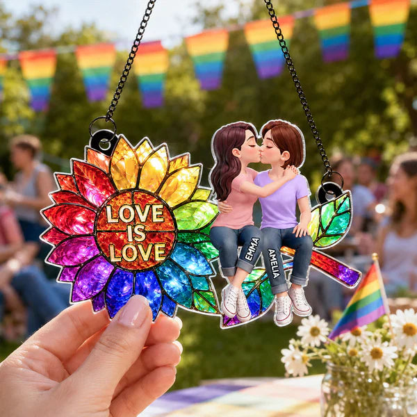 Personalized Acrylic Suncatcher Ornament, Love is Love Rainbow Sunflower with Kissing Couple, Unique LGBTQ Gift