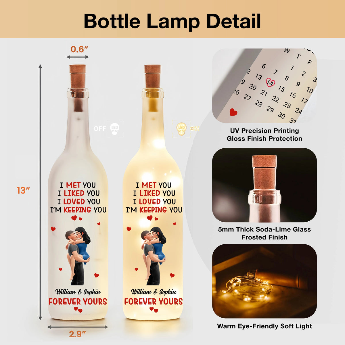 Personalized Bottle Lamp With Love Quote And Calendar Date, Cozy Warm Glow Bedroom Accent, Unique Gift For Couple