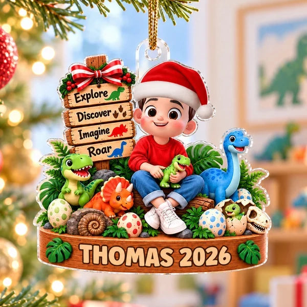 Personalized Acrylic Ornament, Sitting Child With Colorful Dinosaurs, Unique Christmas Gift for Young Fans