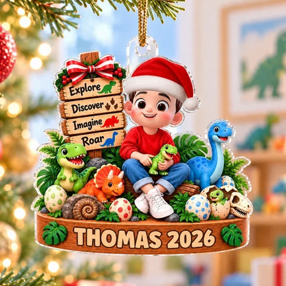 Personalized Acrylic Ornament, Sitting Child With Colorful Dinosaurs, Unique Christmas Gift for Young Fans