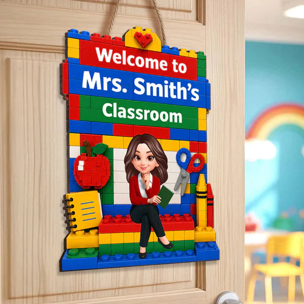 Personalized Wooden Sign with Sitting Teacher Character, Building Brick Classroom Decor, Unique Creative Gift