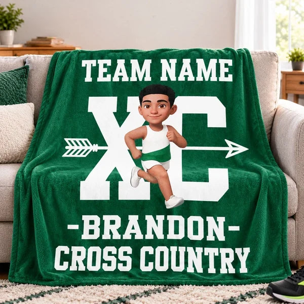 Personalized Cross Country Fleece Blanket, Red Cartoon Runner Design, Unique Gift for Runners