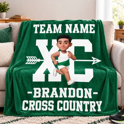 Personalized Cross Country Fleece Blanket, Red Cartoon Runner Design, Unique Gift for Runners