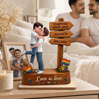 Personalized 2-Layer Wooden Plaque with Kissing LGBT Couple, Unique Gift for Partners & Pride Decor