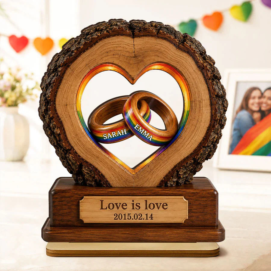 Personalized 2-Layer Wooden Plaque with Rainbow Rings, Unique Gift for LGBTQ Couple Anniversary
