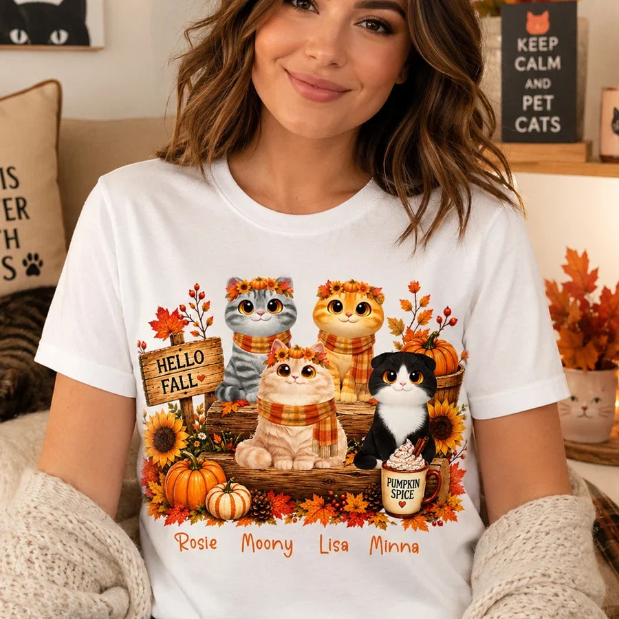 Hello Fall Personalized Cat Sweatshirt, Warm Autumn Cat Scene, Creative Gift for Cat Moms and Friends