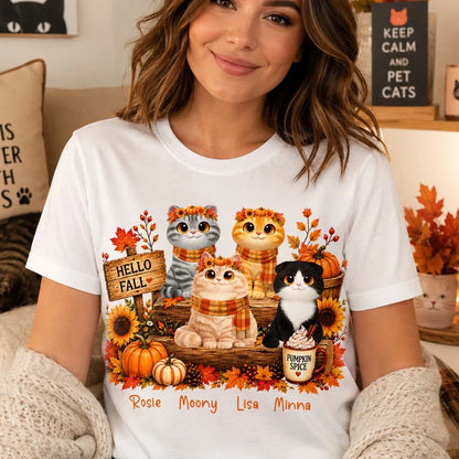 Hello Fall Personalized Cat Sweatshirt, Warm Autumn Cat Scene, Creative Gift for Cat Moms and Friends