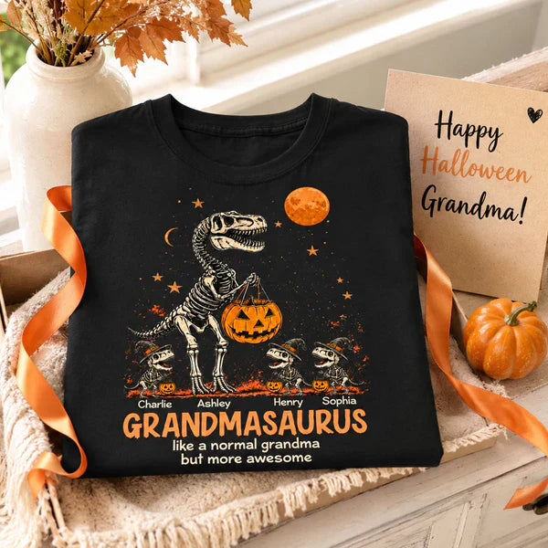 Personalized Classic Tee, Unique Spooky Grandmasaurus Dinosaur Skeleton Halloween Gift for Grandma