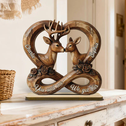 Personalized 2-Layer Wooden Plaque, Rustic Nuzzling Deer Couple, Unique Gift For Couples