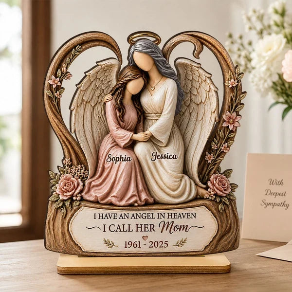 Personalized 2-Layer Wooden Plaque, Warm Angel and Daughter Embrace, Unique Sympathy Gift for Daughter