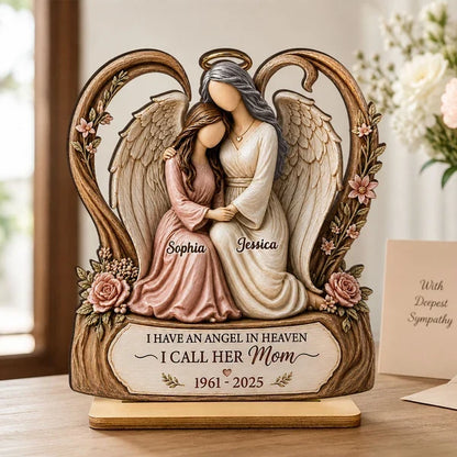 Personalized 2-Layer Wooden Plaque, Warm Angel and Daughter Embrace, Unique Sympathy Gift for Daughter
