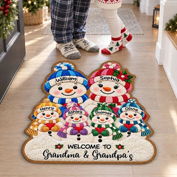 Personalized Shaped Doormat, Cute Snowman Grandparents & Grandkids at a Christmas Entryway, Unique Family Gift