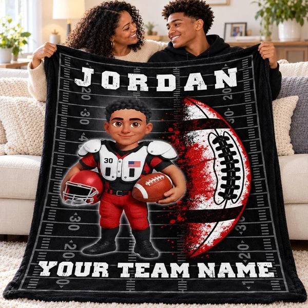 Personalized Fleece Blanket, Cartoon Football Player Holding a Ball, Unique Gift for Son or Grandson
