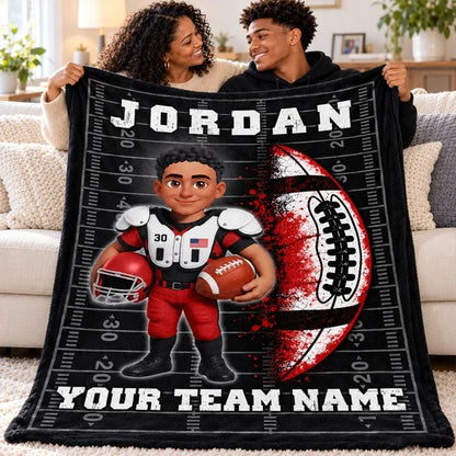 Personalized Fleece Blanket, Cartoon Football Player Holding a Ball, Unique Gift for Son or Grandson