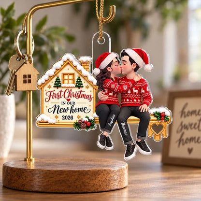 First Christmas Acrylic Ornament, Personalized Kissing Couple at Their New Home, Creative Romantic Gift