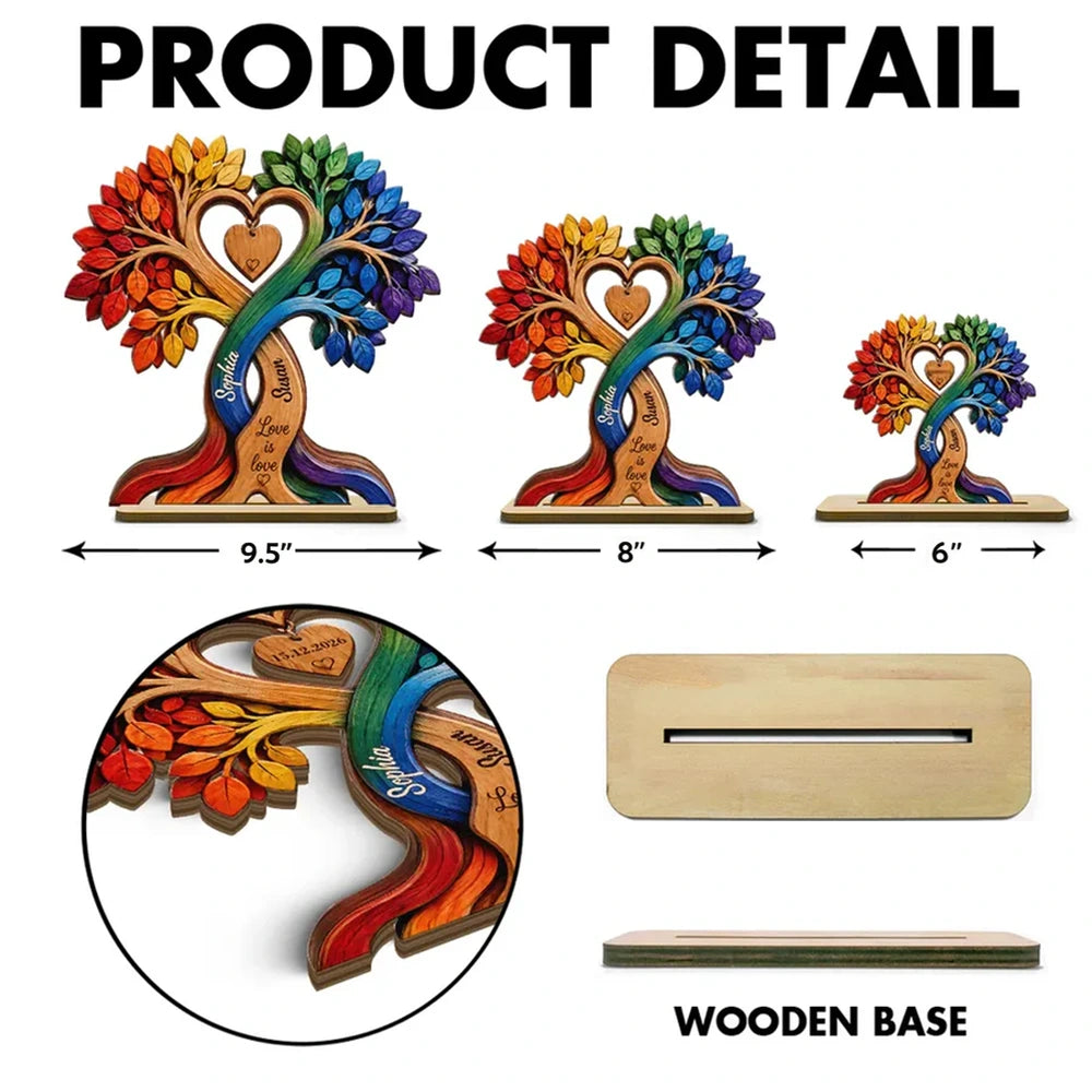 Personalized 2-Layer Wooden Plaque, Rainbow Tree of Love, Unique Gift for LGBT Couple