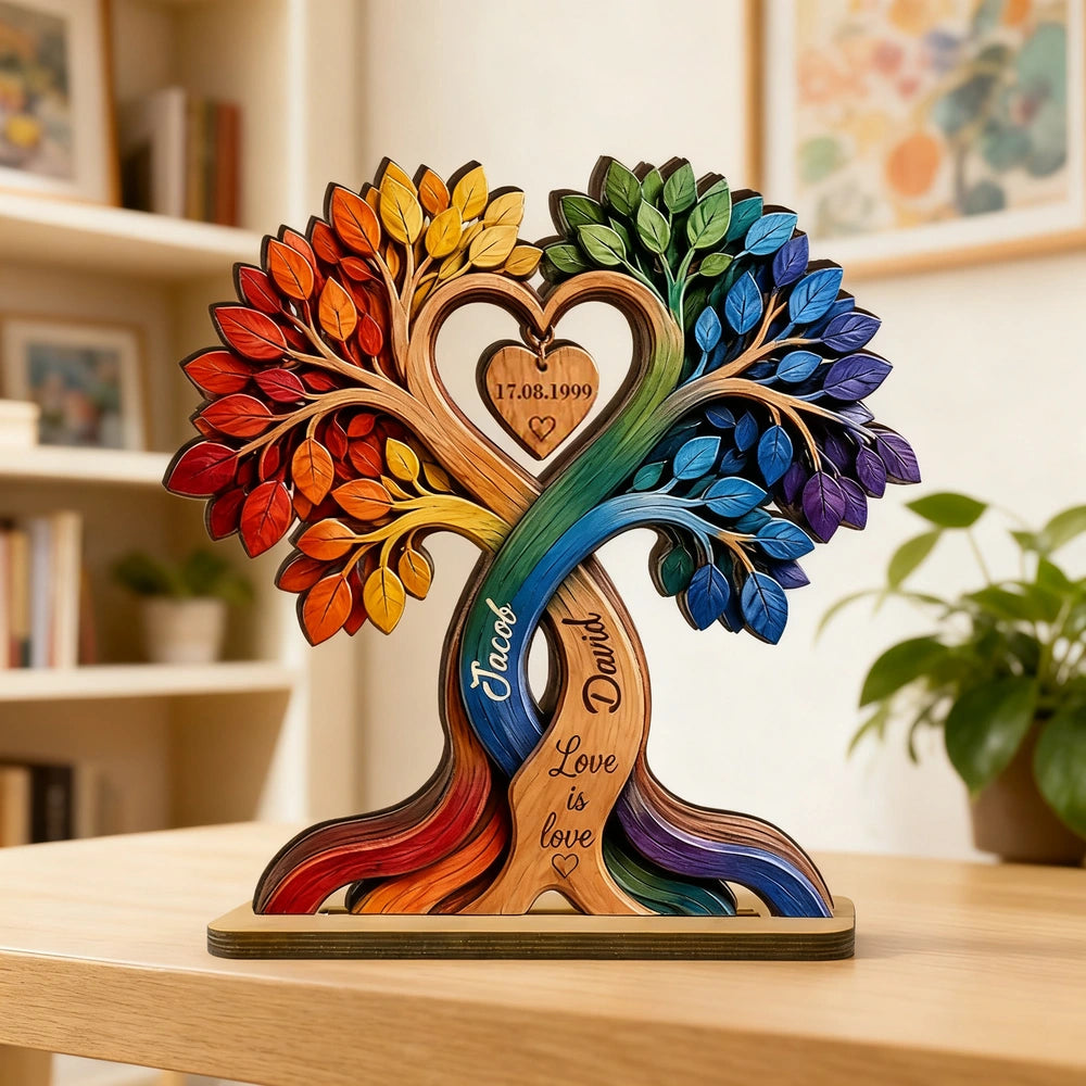 Personalized 2-Layer Wooden Plaque, Rainbow Tree of Love, Unique Gift for LGBT Couple