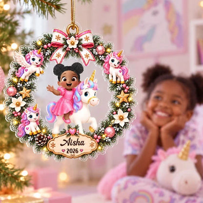 Personalized Acrylic Ornament, Cartoon Child Riding a Unicorn in a Christmas Wreath, Unique Gift for Kids