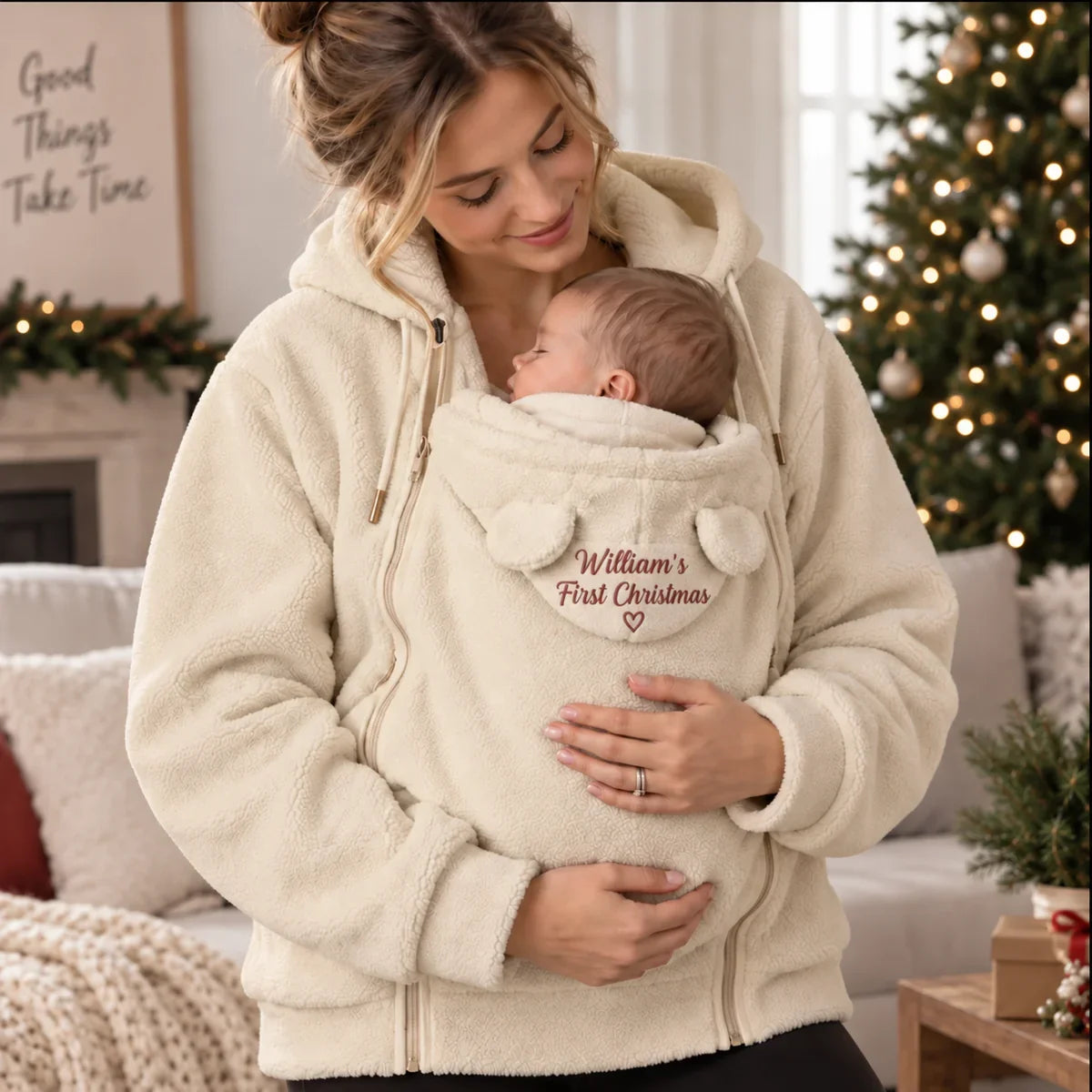 Personalized Embroidered Babywearing Hoodie, Mother Carrying Baby at Christmas, Unique Gift for New Mom