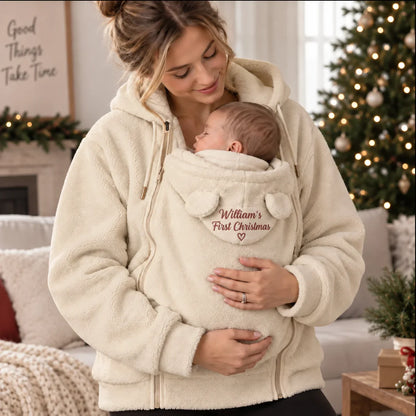 Personalized Embroidered Babywearing Hoodie, Mother Carrying Baby at Christmas, Unique Gift for New Mom