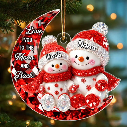 Personalized Acrylic Ornament for Grandma & Grandkid on Moon – Sparkling Snowman Design, I Love You to the Moon and Back, Unique Christmas Gift