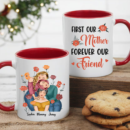 Personalized Gift for Mother or Daughter – Ceramic Mug Featuring Hugging Scene with 'First Our Mother, Forever Our Friend'