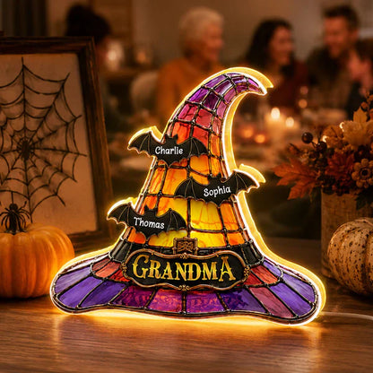 Personalized Acrylic Light Box, Witch Hat Halloween Decor, Unique Gift for Grandma with Warm Glow