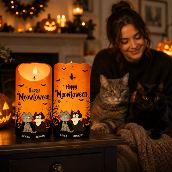 Personalized Flameless LED Candle with Cat Halloween Art, Unique Gift for Cat Mom & Pet Lover