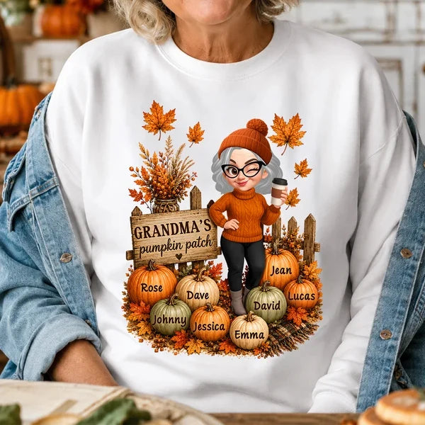 Personalized Classic Tee, Coffee-Holding Grandma in a Warm Orange Pumpkin Patch, Unique Fall Gift for Grandma