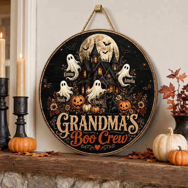 Personalized Grandma's Boo Crew Wooden Sign, Halloween Haunted House Decor, Unique Gift for Grandma