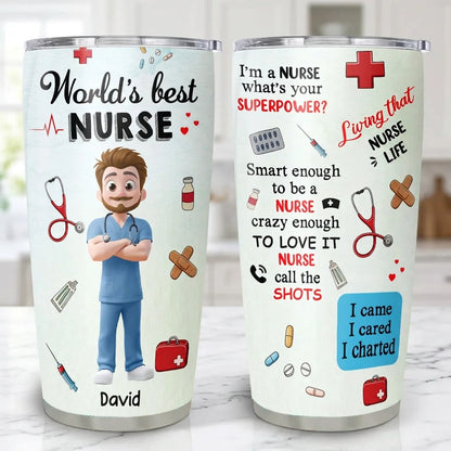 Personalized Insulated Travel Tumbler for Nurses - World's Best Nurse Cute Cartoon Design, Unique Gift for Her