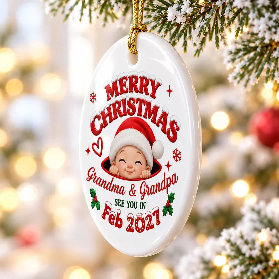 Personalized Ceramic Ornament, Merry Christmas Baby Announcement, Creative Gift for Expecting Grandparents