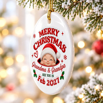 Personalized Ceramic Ornament, Merry Christmas Baby Announcement, Creative Gift for Expecting Grandparents