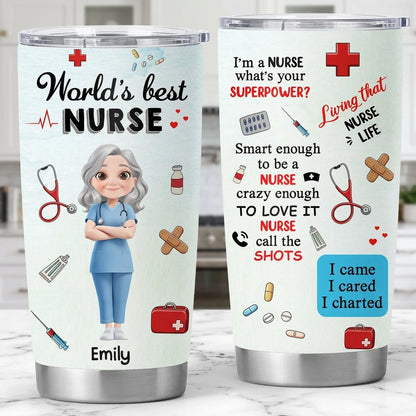 Personalized Insulated Travel Tumbler for Nurses - World's Best Nurse Cute Cartoon Design, Unique Gift for Her