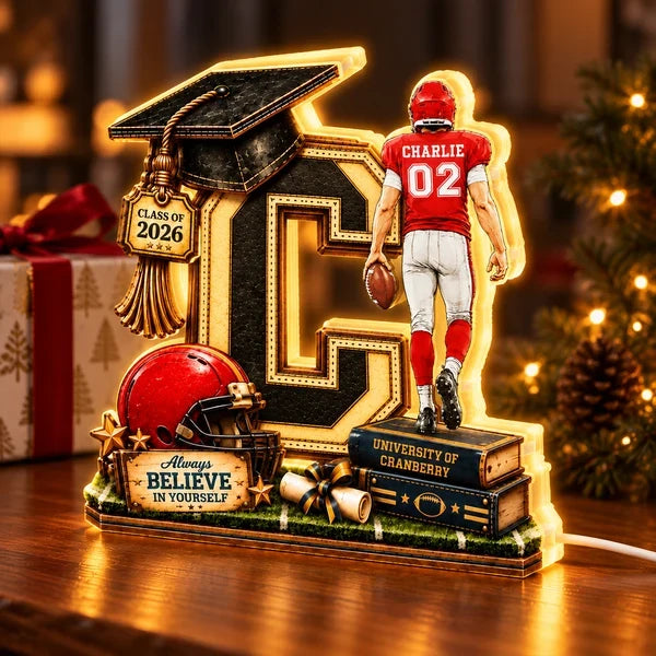 Personalized Acrylic Light Box, Football Graduate Walking with a Ball, Creative Gift for Son or Grandson