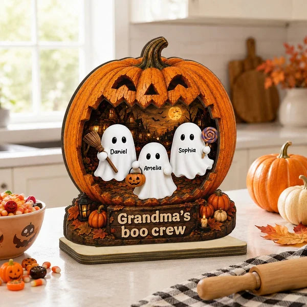 Personalized 2-Layer Wooden Plaque, Halloween Pumpkin Ghost Decor, Unique Gift for Grandma