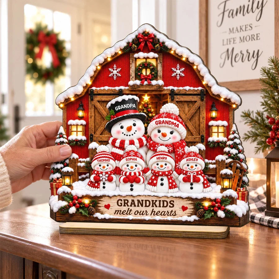 Personalized Wooden Plaque, Snowman Grandparents and Grandkids at a Snowy Red Barn, Unique Christmas Gift