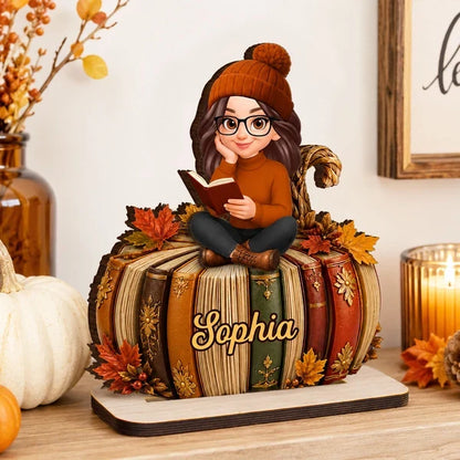 Personalized 2-Layer Wooden Plaque, Girl Reading On Pumpkin Books, Unique Gift For Book Lovers