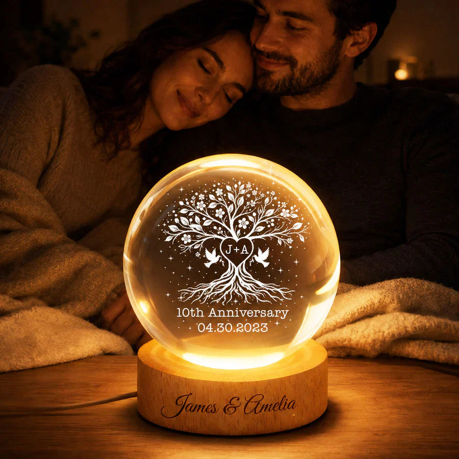 Personalized Globe Lamp, Tree of Life Anniversary Design, Unique Gift for Couple with Warm Bedside Glow