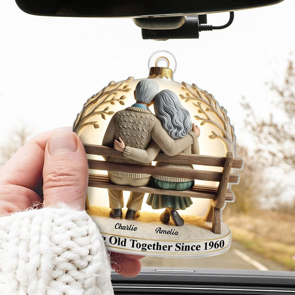 Personalized Elderly Couple Sitting on Bench Ornament - "Growing Old Together Since 1960" Romantic Keepsake Gift