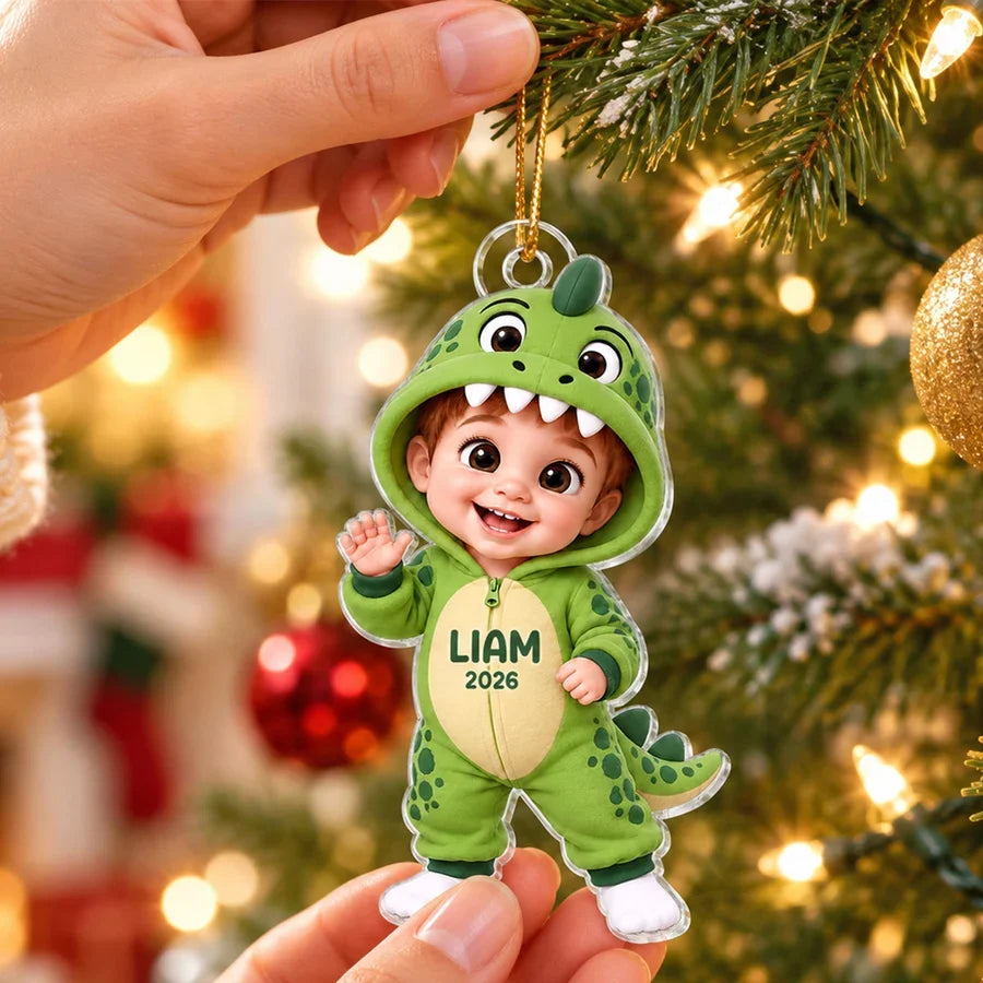 Personalized Acrylic Ornament, Cute Waving Dinosaur Costume Child, Creative Keepsake Gift for Family