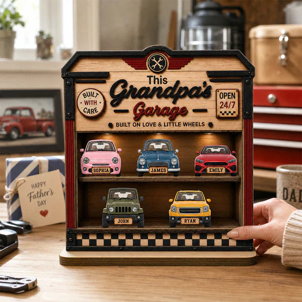 Custom Wooden Plaque for Dad or Grandpa, Warm Garage Keepsake With Little Wheels, Creative Family Gift