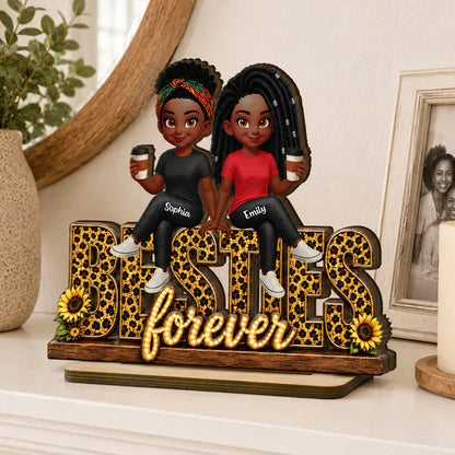 Personalized Besties Forever 2-Layer Wooden Plaque, Leopard Style Creative Gift for Friend