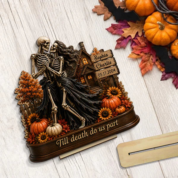 Personalized 2-Layer Wooden Plaque, Fall Skeleton Couple Scene, Unique Halloween Gift for Couple
