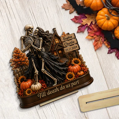 Personalized 2-Layer Wooden Plaque, Fall Skeleton Couple Scene, Unique Halloween Gift for Couple