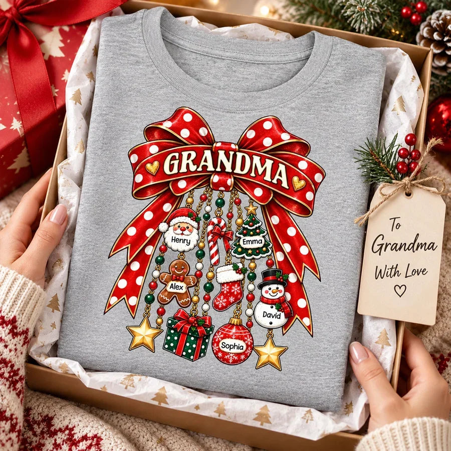 Personalized Grandma Classic Tee with Retro Christmas Bow, Unique Gift for Cozy Holiday Gatherings