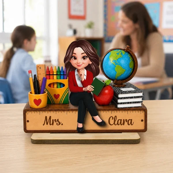 Teacher Wooden Plaque With Apple, Globe & Crayons, Personalized Creative Gift For Classroom Decor