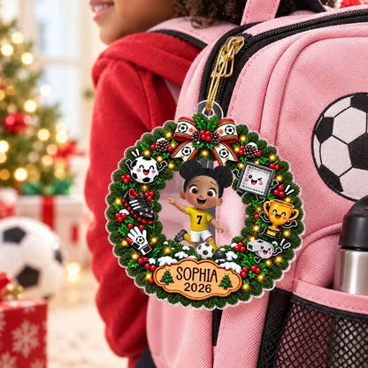 Personalized Acrylic Ornament, Festive Soccer Wreath with Running Player, Creative Gift for Players and Fans