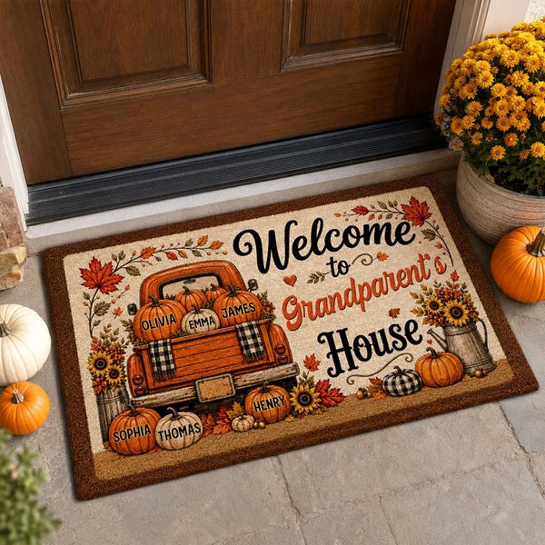 Personalized Standard Doormat with Floral Pumpkin Truck, Fall Entryway Decor, Unique Gift for Grandparents